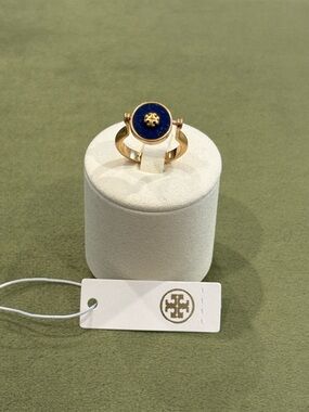 Tory Burch Gold Tone Ring with Blue Enamel Logo - Size 6.5